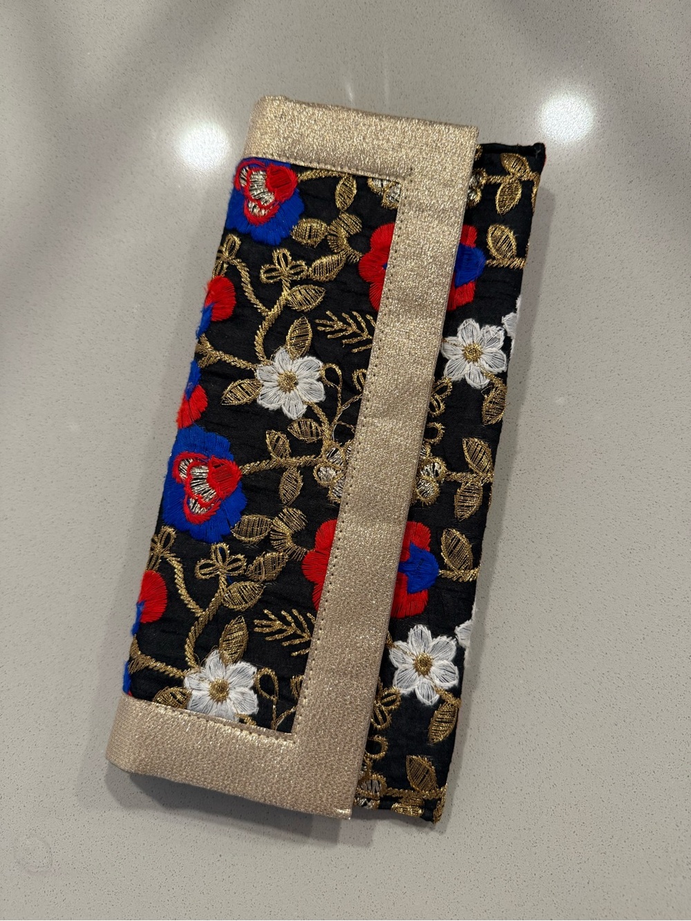 Embroidered Floral Clutch Wristlet - Black with Red, Blue, White & Gold